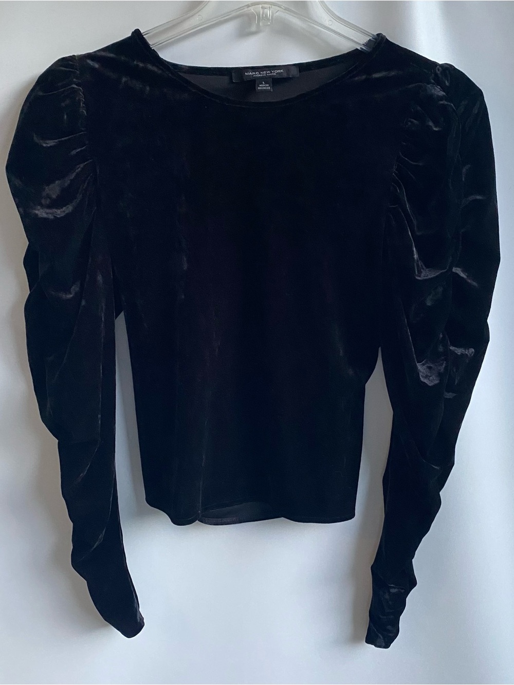 Andrew Marc black velour ruched sleeve top romantic witchy whimsigoth Large